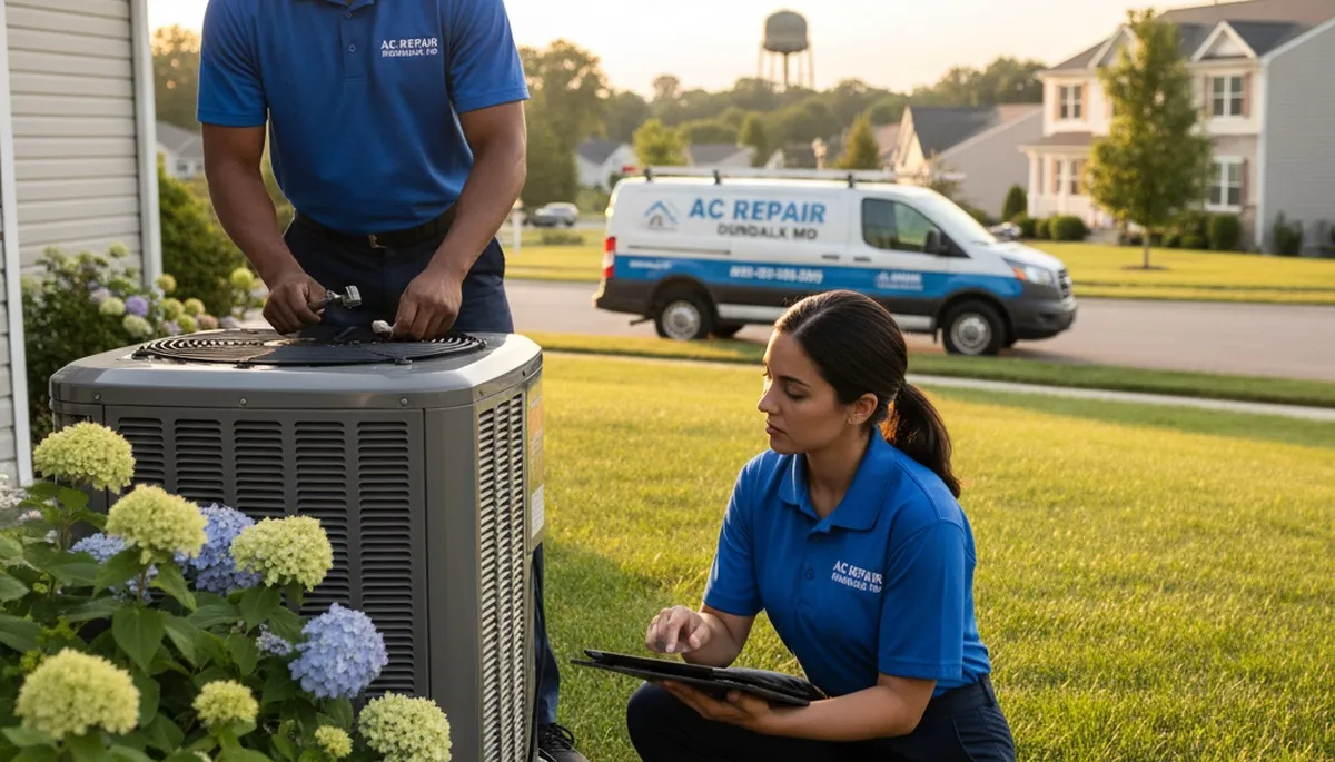 Professional AC repair technician servicing air conditioner unit in Baltimore, MD
