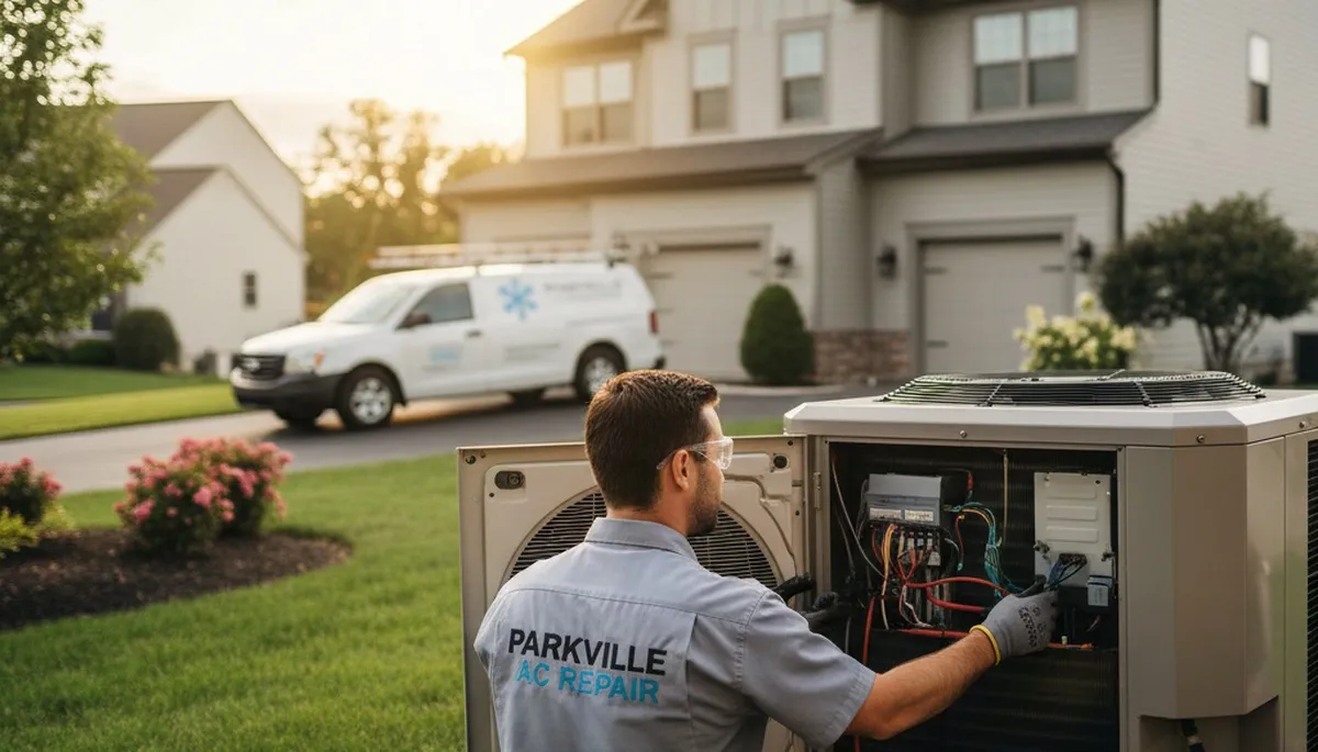 Professional AC repair technician servicing air conditioner unit in Baltimore MD