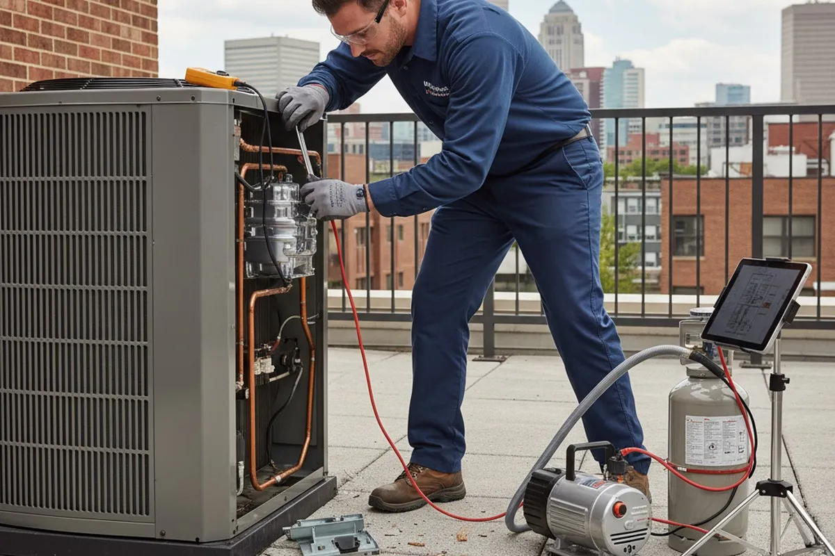 HVAC technician repairing air conditioner system at Baltimore, MD home for expert AC service